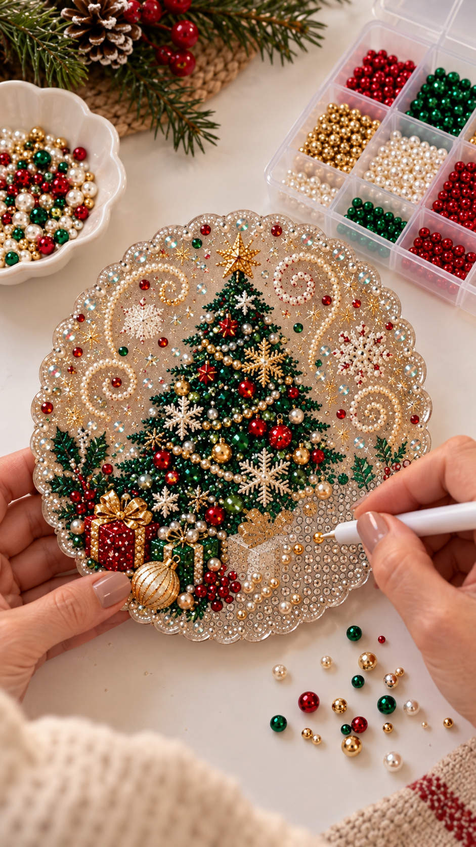 Illustrative MerryGlow DIY pearl art process, placing pearls with an applicator